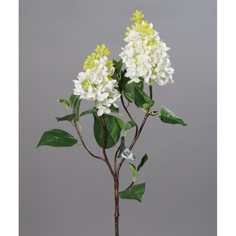 89 cm magas, élethű, krém színű, virágzó orgona ág üde zöld levelekkel