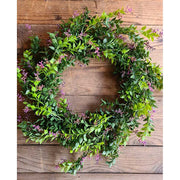 Mesterséges, mű puszpáng bukszus koszorú, rózsaszín virágokkal