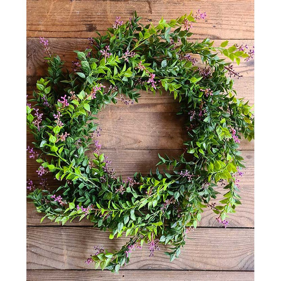 Mesterséges, mű puszpáng bukszus koszorú, rózsaszín virágokkal