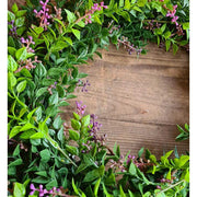 Mesterséges, mű puszpáng bukszus koszorú, rózsaszín virágokkal