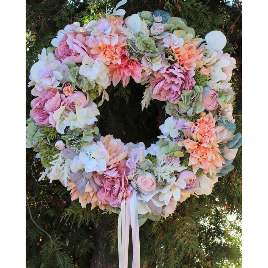 Exkluzív, prémium minőségű, élethű mesterséges művirágokból készült, nagyméretű ajtókopogtató koszorú 
