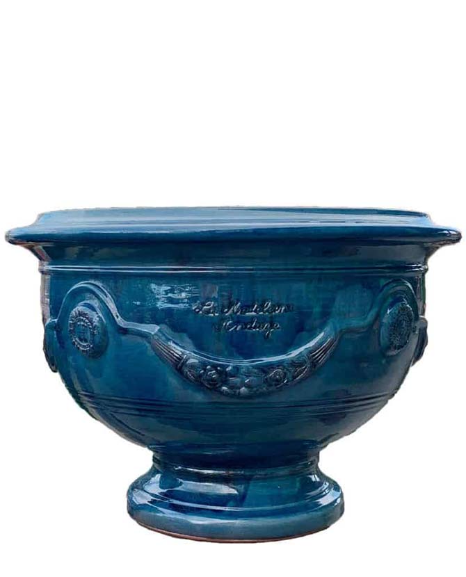 Prémium minőségű, tradicionális kék színű mázas, kézműves Anduze kerámia kaspó tál