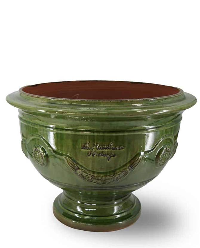 Prémium minőségű, tradicionális zöld színű mázas, kézműves Anduze kerámia kaspó tál a "Vase d'Anduze" kollekcióból