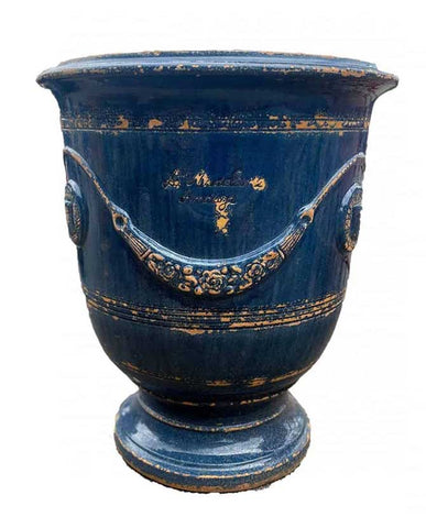 Prémium minőségű, patinás antikolt felületű, tradicionális kék színű, kézműves Anduze kerámia kaspó