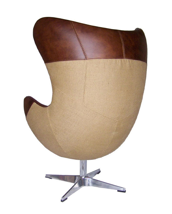 Arne Jacobsen "Egg Chair" fotelje inspirálta kortárs stílusú, szivarbarna bőrrel kárpitozott, tojásfotel zsákvászon burkolattal.