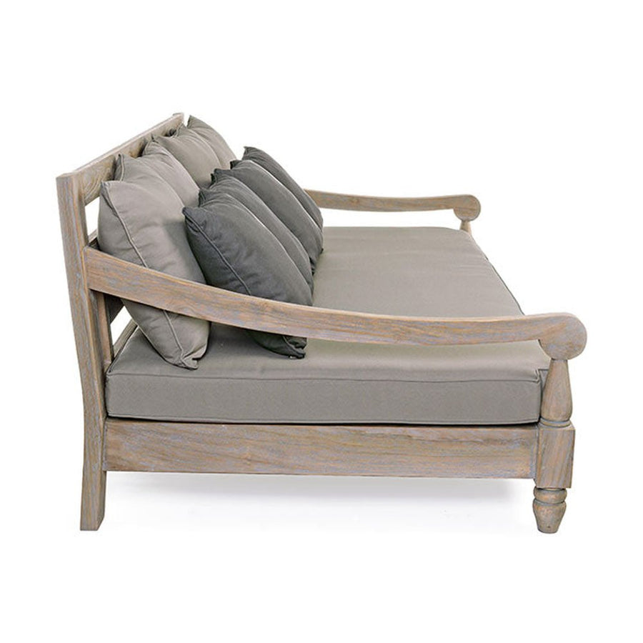 Prémium kategóriás, orientál stílusú 4 személyes  teakfa kanapé szürke párnákkal