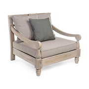 Prémium kategóriás, orientál stílusú teakfa fotel szürke párnákkal.