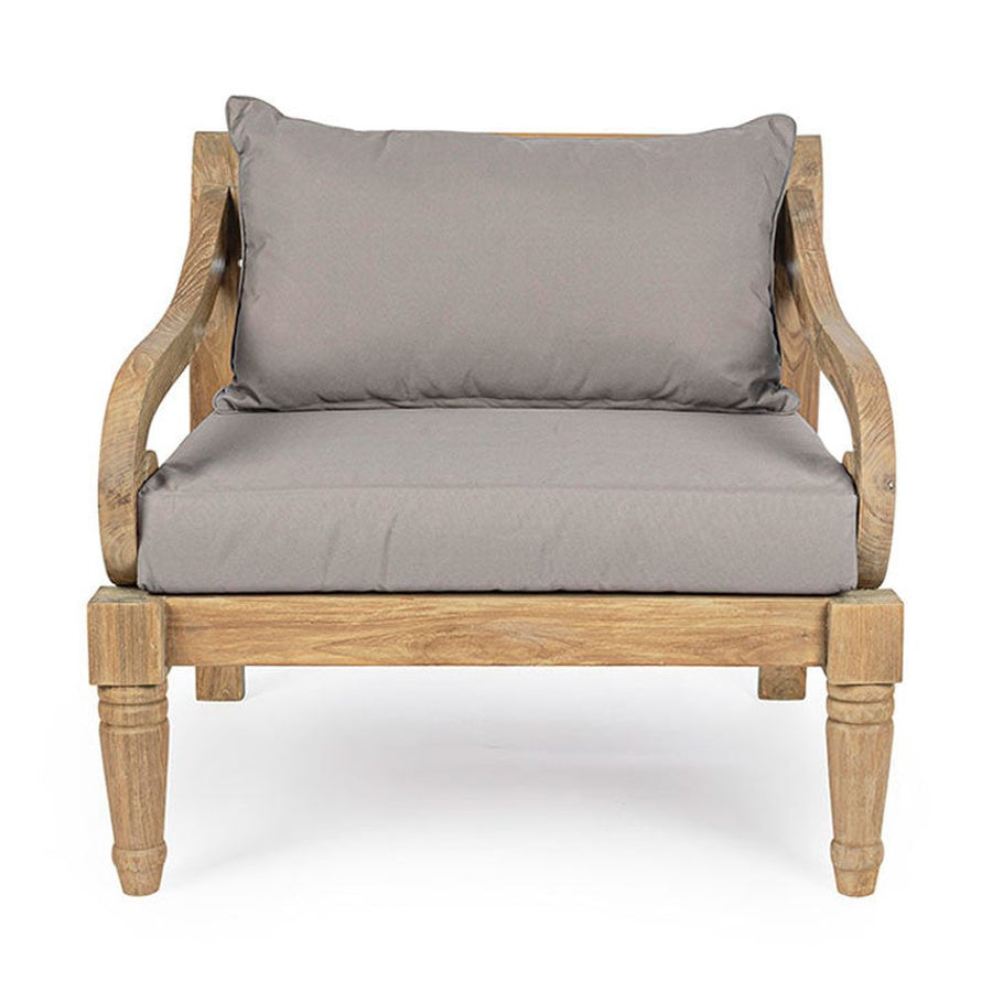 Prémium kategóriás, orientál stílusú teakfa fotel szürke párnákkal.