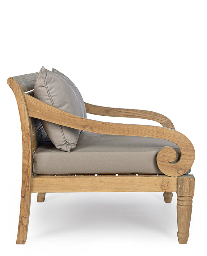 Prémium kategóriás, orientál stílusú teakfa fotel szürke párnákkal.
