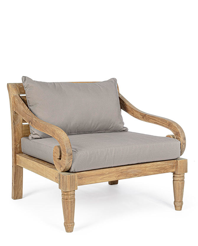 Prémium kategóriás, orientál stílusú teakfa fotel szürke párnákkal.