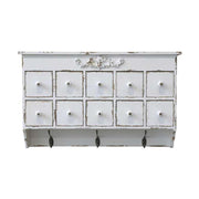 Provanszi stílusú, antik krémszínű, jegenyefenyőből készült fiókos szortírozó polc három darab fém fogassal.