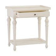 Provanszi stílusú, trópusi mindifából készült, faragott lábú, 72 cm hosszú, finoman antikolt, fehér színű fiókos konzolasztal kihúzott fiókkal