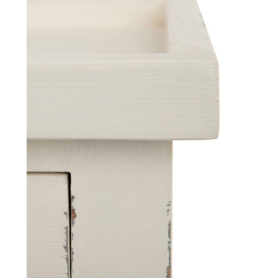 Provanszi stílusú, trópusi mindifából készült, faragott lábú, 72 cm hosszú, finoman antikolt, fehér színű fiókos konzolasztal sarka