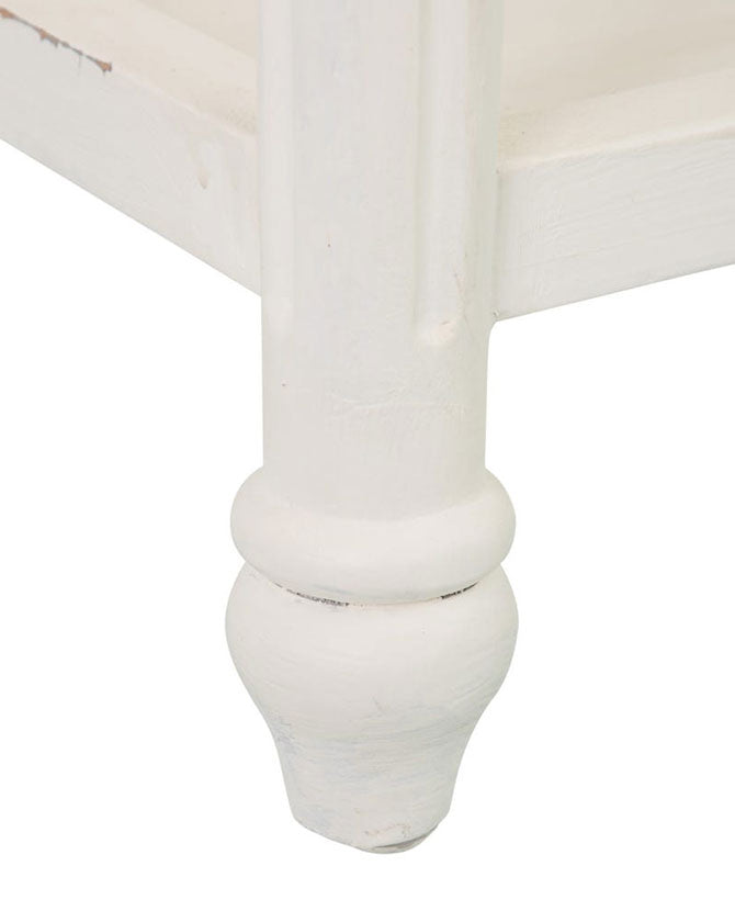 Provanszi stílusú, trópusi mindifából készült, faragott lábú, 72 cm hosszú, finoman antikolt, fehér színű fiókos konzolasztal lába