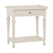 Provanszi stílusú, trópusi mindifából készült, faragott lábú, 72 cm hosszú, finoman antikolt, fehér színű fiókos konzolasztal
