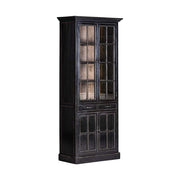 Prémium kategóriás, provanszi stílusú, szilfából készült, 90 cm hosszú és 211 cm magas rusztikus felületű, antik fekete színű vitrines szekrény