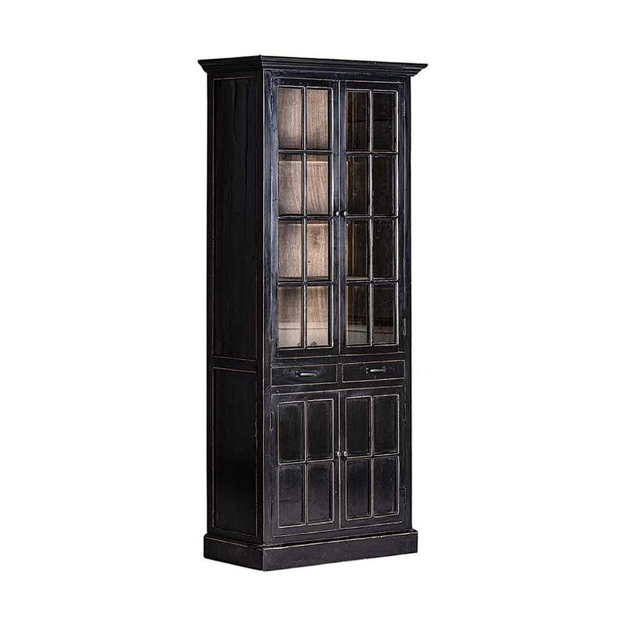 Prémium kategóriás, provanszi stílusú, szilfából készült, 90 cm hosszú és 211 cm magas rusztikus felületű, antik fekete színű vitrines szekrény