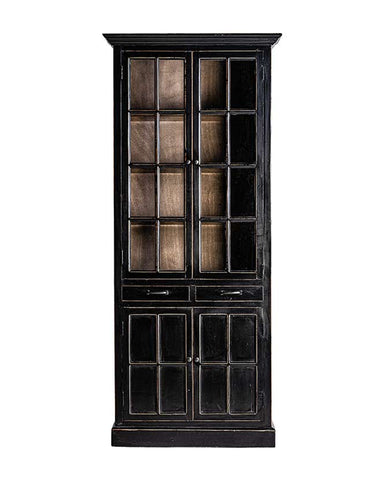 Prémium kategóriás, provanszi stílusú, szilfából készült, 90 cm hosszú és 211 cm magas rusztikus felületű, antik fekete színű vitrines szekrény