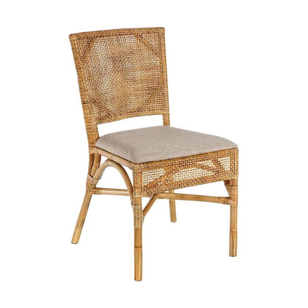Klasszikus vintage stílusú, rattanból készült, ekrü színű vászon üléses, kézműves étkezőszék