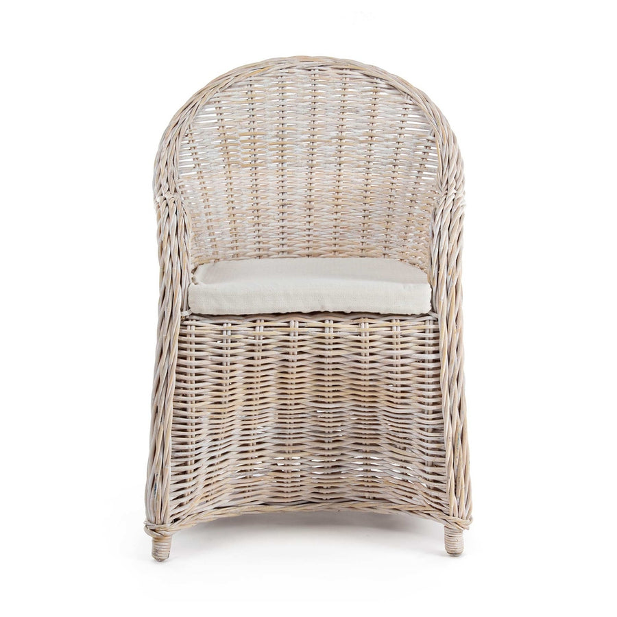 Natúr színű, természetes rattanból készült, kézműves kerti fotel, ekrü színű pamutvászon ülőpárnával.
