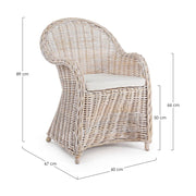 Natúr színű, természetes rattanból készült, kézműves kerti fotel, ekrü színű pamutvászon ülőpárnával.