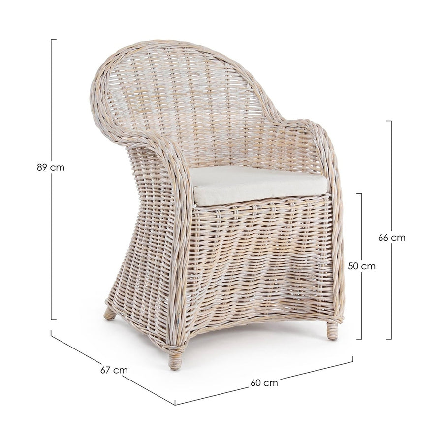 Natúr színű, természetes rattanból készült, kézműves kerti fotel, ekrü színű pamutvászon ülőpárnával.