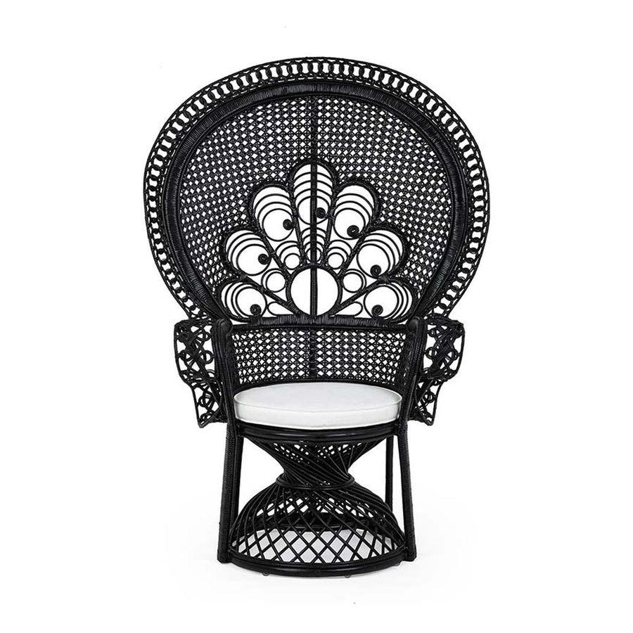 Valódi rattanból készült, fekete színű kézműves páva fotel, ekrü színű ülőpárnával.