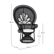 Valódi rattanból készült, fekete színű kézműves páva fotel, ekrü színű ülőpárnával.