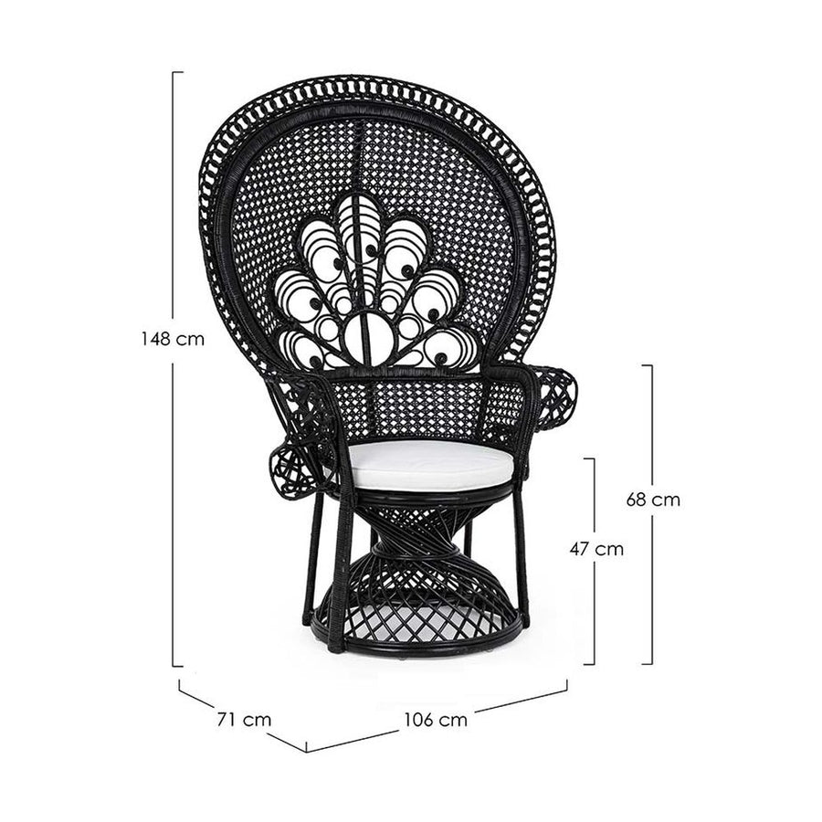 Valódi rattanból készült, fekete színű kézműves páva fotel, ekrü színű ülőpárnával.