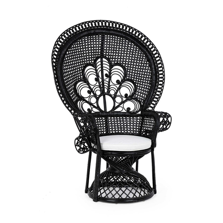 Valódi rattanból készült, fekete színű kézműves páva fotel, ekrü színű ülőpárnával.