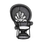 Valódi rattanból készült, fekete színű kézműves páva fotel, ekrü színű ülőpárnával.