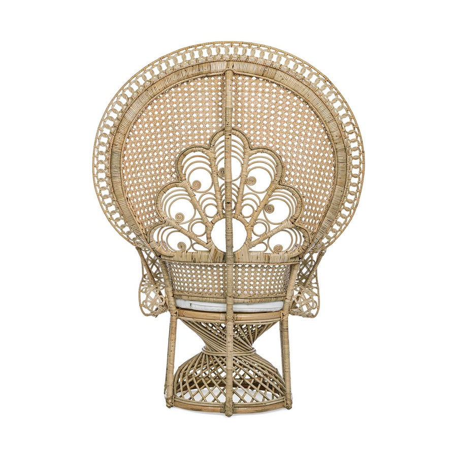 Valódi rattanból készült, natúr színű kézműves páva fotel, ekrü színű ülőpárnával.