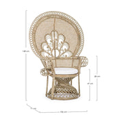 Valódi rattanból készült, natúr színű kézműves páva fotel, ekrü színű ülőpárnával.