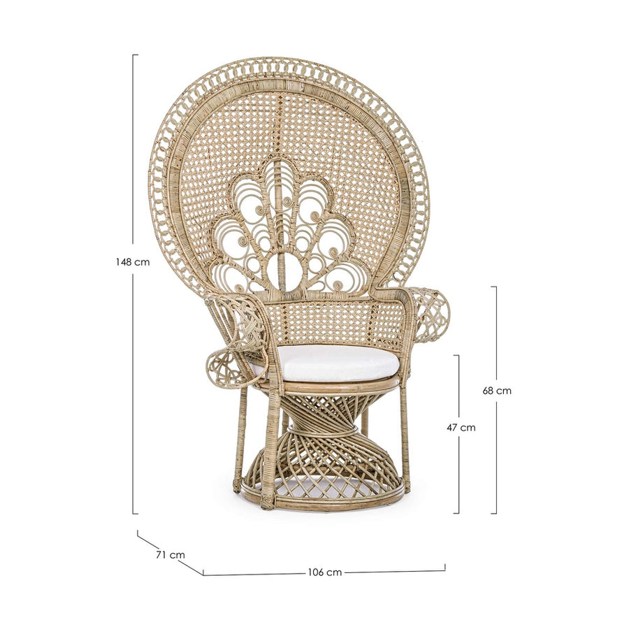 Valódi rattanból készült, natúr színű kézműves páva fotel, ekrü színű ülőpárnával.