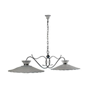 Kerámiából és fémből készült, textilburkolatú vezetékkel kialakított, kézműves függeszték lámpa.