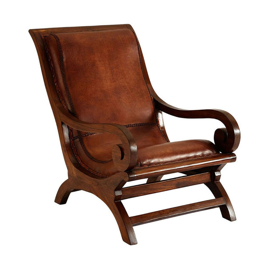 Teakfából és barnaszínű valódi cserzett vintage marhabőrből készült, régens stílusú relaxációs pihenőszék.