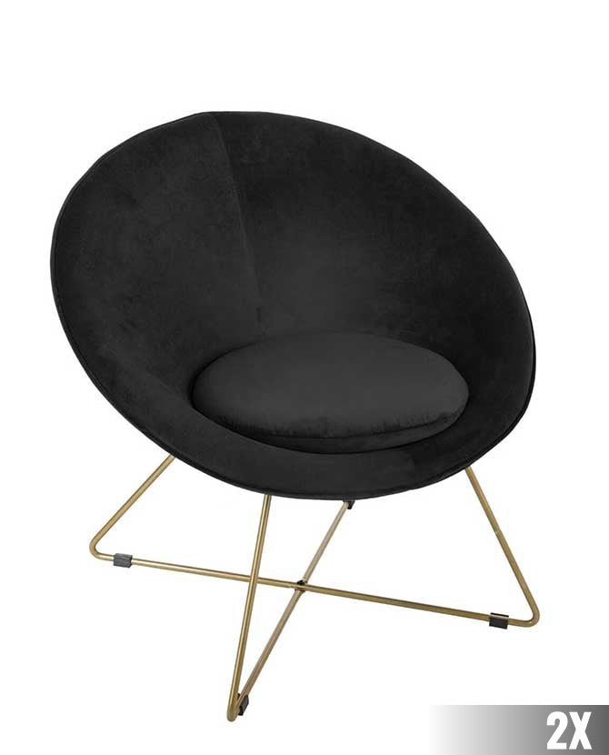 2 db modern retro stílusú, fekete színű bársonnyal kárpitozott fotel, arany színű fém lábakkal