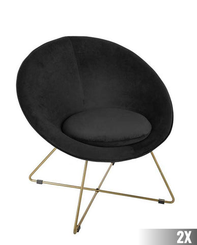 2 db modern retro stílusú, fekete színű bársonnyal kárpitozott fotel, arany színű fém lábakkal