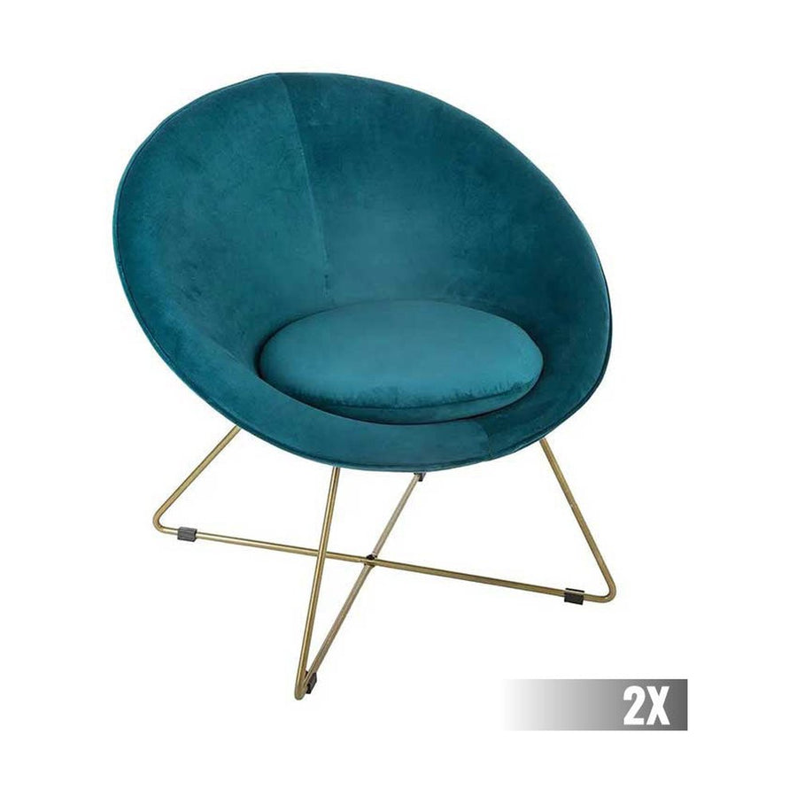 2 db modern retro stílusú, olajkék színű bársonnyal kárpitozott fotel, arany színű fém lábakkal