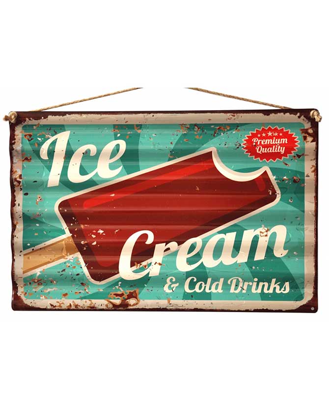 Retro stílusú, hullámlemezes fém reklámtábla, Ice Cream felirattal