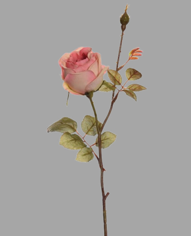 Vintage stílusú,, rózsa művirág, fáradt rózsaszín színű, félig nyílt virágfejjel és egy bimbóval.