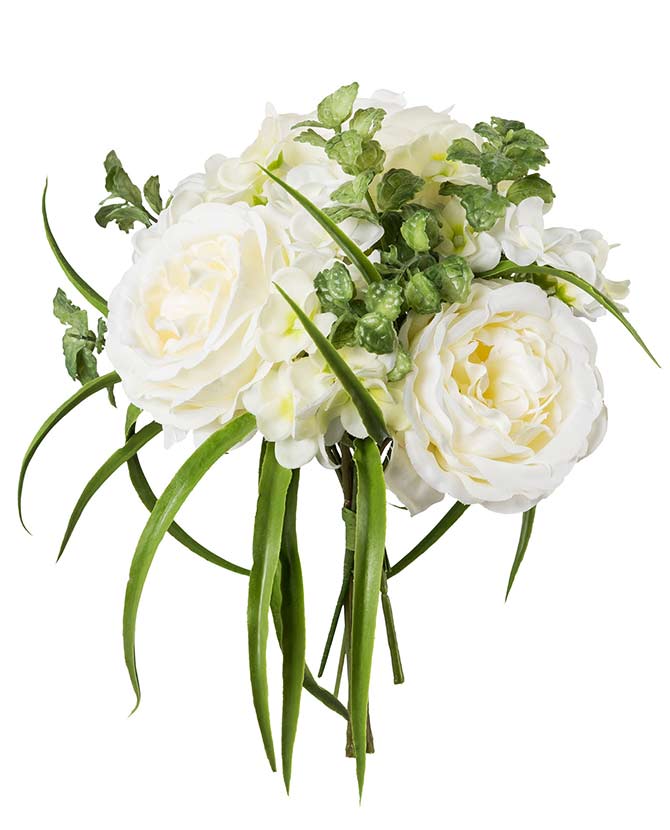 Fehér színű, mesterséges művirág rózsacsokor hortenziával