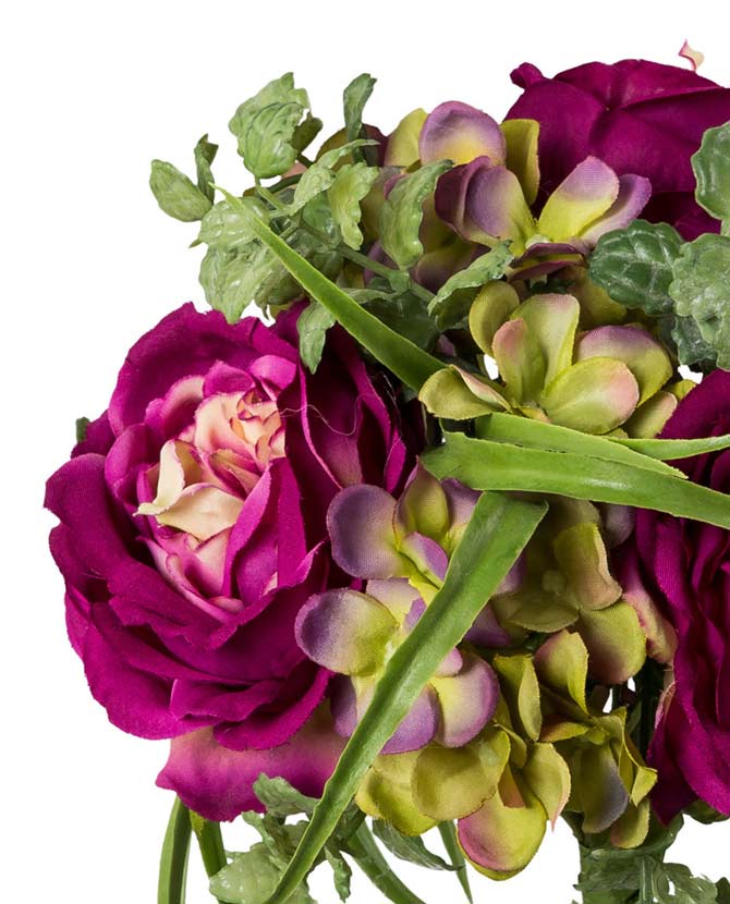 Lila színű, mesterséges művirág rózsacsokor hortenziával