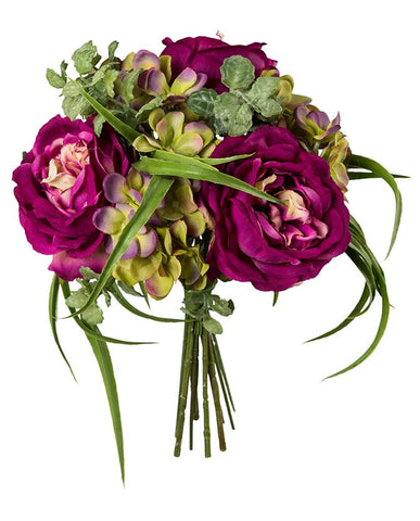 Lila színű, mesterséges művirág  rózsacsokor hortenziával