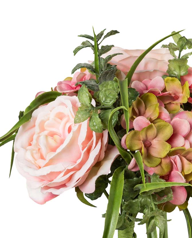 Rózsaszín színű, mesterséges művirág rózsacsokor hortenziával