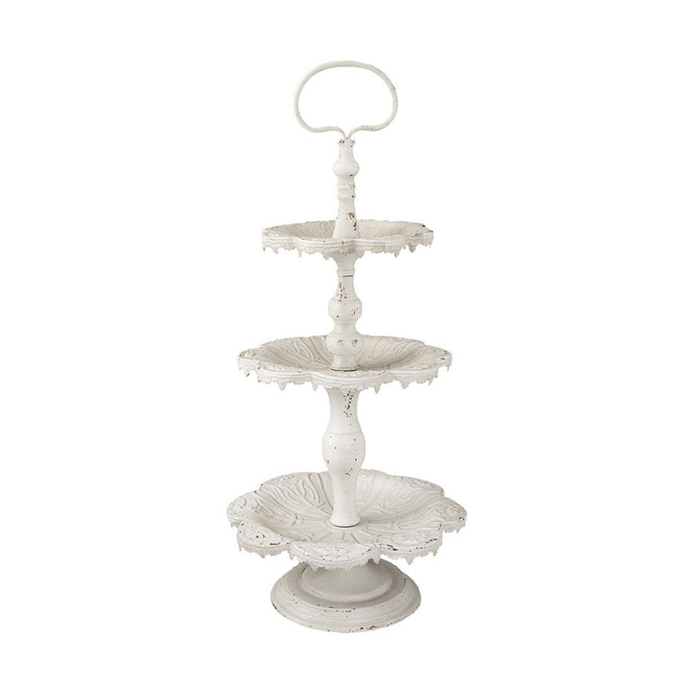 Shabby Chic stílusú, antikolt felületű, törtfehér színű, dombormintás, 3 szintes exkluzív süteményes kínáló