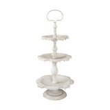 Shabby Chic stílusú, antikolt felületű, törtfehér színű, dombormintás, 3 szintes exkluzív süteményes kínáló