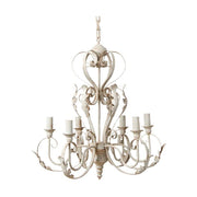 Shabby Chic stílusú, krém színű, antikolt felületű, fém akantuszlevelekkel díszített, 6 karú "Antoinette" fém csillár 
