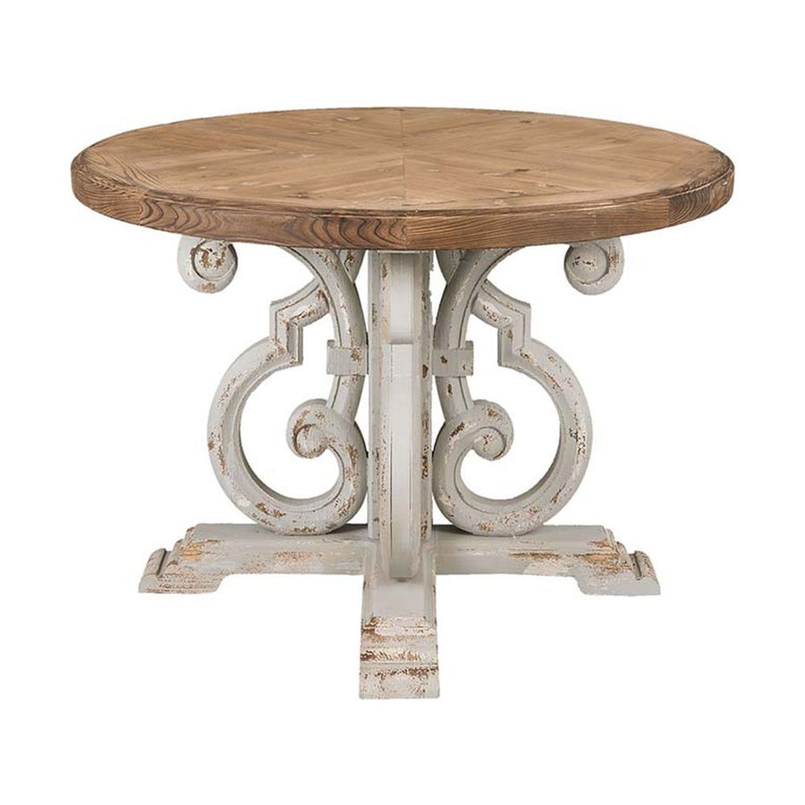 Prémium kategóriás, fenyőfából készül, 120 cm átmérőjű, provanszi stílusú díszes lábú étkezőasztal