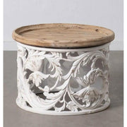 Shabby Chic stílusú, kör alakú, kézműves fenyőfa dohányzóasztal